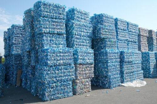 A large outdoor storage area featuring numerous stacks of flattened plastic bottles wrapped in clear blue plastic shrink wrap, arranged in tightly packed rectangular blocks on a paved surface. The stacks vary in height, with some nearly reaching three meters tall, and are positioned closely together, forming a dense wall of compressed plastic waste. Small plastic bottle caps and fragments are visible at the base and around the stacks, indicating ongoing recycling or disposal activity. The background shows a clear blue sky, suggesting a bright, sunny day, and the environment appears to be an industrial or waste management site, potentially linked to rubbish removal services in Poplar. The scene emphasizes the importance of proper waste segregation and recycling efforts, consistent with services provided by Garden Clearance Poplar for efficient rubbish collection and disposal.